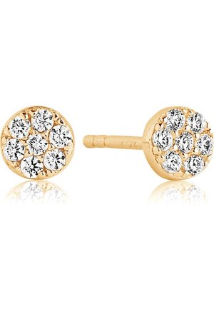 Goldene Ohrstecker mit sieben runden, klaren Edelsteinen, die in einem kreisförmigen Cluster auf jedem Ohrstecker angeordnet sind.