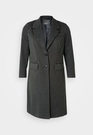 Melns pinstripes garais mētis ar izgriezto apkakli, divām priekšējām kabatām un vienu pogu aizdari. Materiāls izskatās ciets ar gludu apdari.
