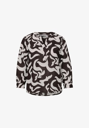 Blusa a maniche lunghe con motivo astratto a vortice bianco e nero, scollo a V e polsini con bottoni su sfondo uniforme.