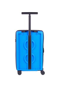 Hard-shell suitcase in bright blue plastic, featuring a black retractable handle and four wheels for mobility. Smooth surface with molded accents.