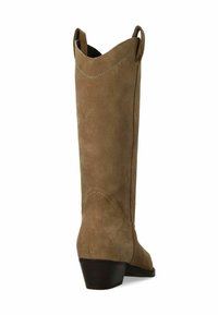 Botte de cowboy en suède marron avec une silhouette effilée, un talon bas empilé et une broderie décorative le long des coutures. Elle dispose de languettes de tirage sur les côtés.