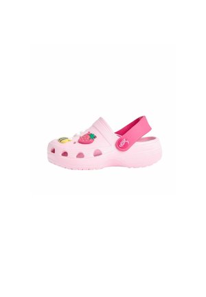Pink rubber clog featuring cut-out holes, a rear strap, and decorative fruit-themed embellishments on the upper surface.