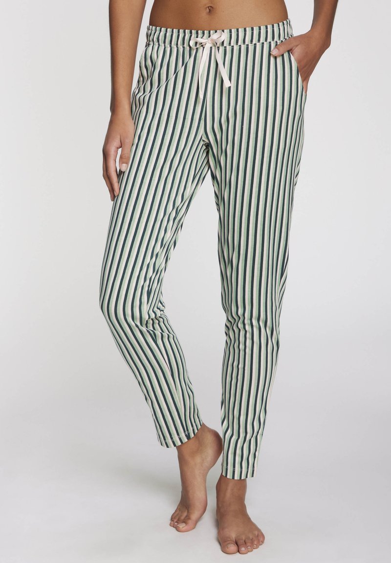 Groene en witte gestreepte broek met een elastische tailleband, een trekkoord en een slim fit. Zachte stof met zakken.
