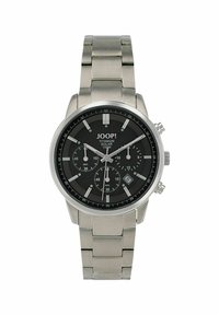 Silberne Titanuhr mit schwarzem Zifferblatt, drei Subdials, Datumsfenster sowie silbernen Stundenmarkierungen und -zeigern.