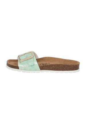 Sandale à glissière avec une tige texturée vert menthe dotée d'une boucle. Le matelas en liège et la semelle en caoutchouc blanc offrent contraste et confort.