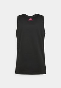 Mustat hihattomat urheilupaidat, joissa on pyöreä pääntie, valmistettu hengittävästä verkkokankaasta; vasemmassa rinnassa pinkki Adidas-logo.