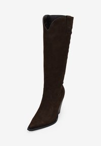 Bota de ante marrón hasta la rodilla con punta afilada, detalles de costura sutil y un tacón ligeramente elevado. Textura suave y silueta elegante.