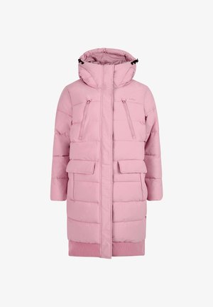 Abrigo de invierno largo y acolchado en color rosa con capucha, dos bolsillos con cremallera en el pecho y dos bolsillos de solapa en la parte frontal, mostrado sobre un fondo blanco.