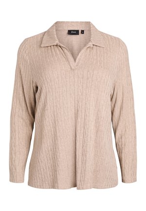 Jersey de punto beige con cuello, que presenta un patrón vertical texturizado y un escote en V. Mangas largas, corte relajado y sin cierres visibles.