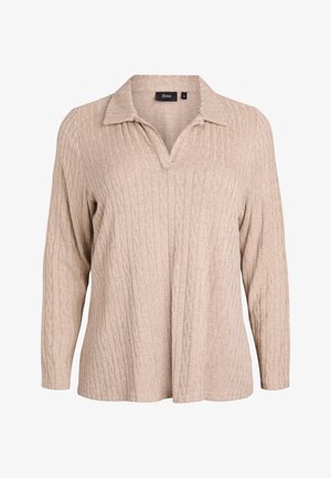 Bežs adīts pulovers ar apkakli, ar teksturētu vertikālu rakstu un V veida kakla izgriezumu. Garas piedurknes, brīvs piegriezums un nav redzamu aizdari.