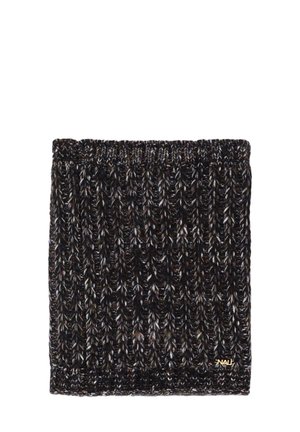 Scaldacollo lavorato a maglia in toni scuri con un motivo a coste testurizzato, caratterizzato da fili multicolori e un piccolo logo dorato.