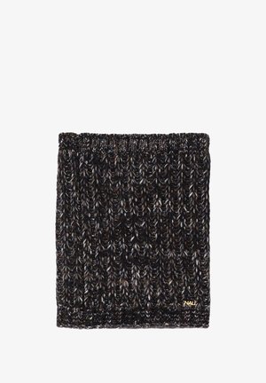 Scaldacollo lavorato a maglia in toni scuri con un motivo a coste testurizzato, caratterizzato da fili multicolori e un piccolo logo dorato.