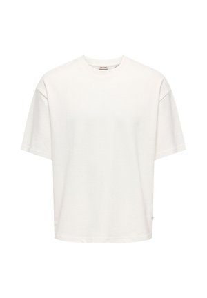 Plain white short-sleeve T-shirt with crew neck, loose fit, and subtle textured fabric.