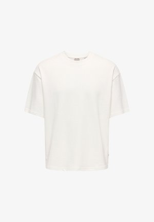 Plain white short-sleeve T-shirt with crew neck, loose fit, and subtle textured fabric.