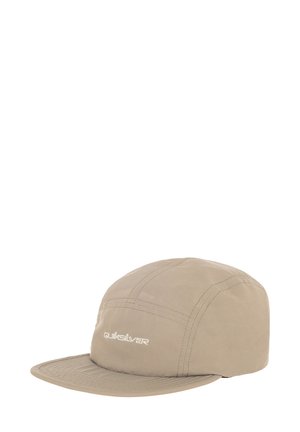 Beige cap with a flat brim, made of a smooth material. Features stitched panels and a white logo on the front.