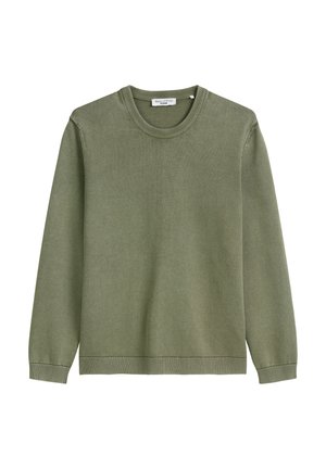 Olive green sweater with a ribbed crew neckline and textured fabric. Long sleeves with ribbed cuffs and hem. Simple and versatile design.