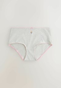 Culotte femme gris clair avec bordure rose, une petite broderie florale au centre devant et un nœud rose à la ceinture.