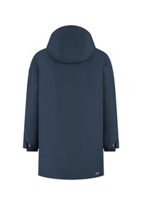 Marineblauwe winterjas met capuchon, lange mouwen met verstelbare manchetten, rechte snit, bekeken van achter op een witte achtergrond.