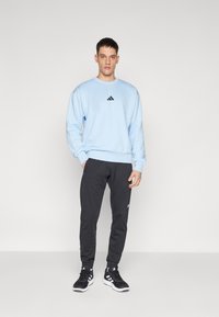 Lys blå genser med en svart logo, kombinert med svarte joggebukser. Modell som har på seg svarte joggesko. Enkelt, avslappet sportsklærutseende.