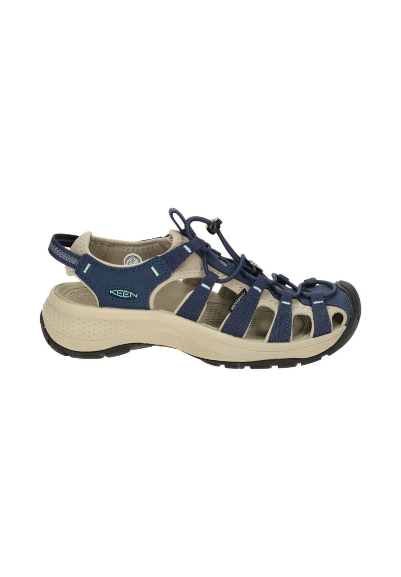 Navy blue sandal with an open design, featuring a cushioned footbed, adjustable bungee lacing, and rubber outsole for grip.