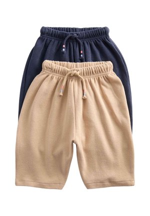 Twee paar gebreide shorts in beige en marineblauw, beide met elastische taillebanden en trekkoorden met kleine gekleurde kralenaccenten.