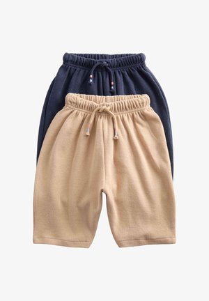Deux paires de shorts en maille, beige et marine, toutes deux avec des ceintures élastiques et des cordons de serrage ornés de petits perles colorées.