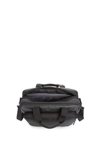 Svart laptopväska med dubbla handtag, en texturerad botten och flera dragkedjefack. Insidan har en vadderad foder för skydd.