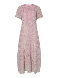 Blomstertrykk, kortermet kjole i rosa og grønne nyanser. A-linje silhuett med rund hals og lett, teksturert stoff.