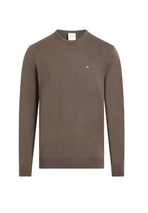 Maglione lungo marrone con maniche a sbuffo realizzato in tessuto morbido, dotato di scollo rotondo e di un piccolo logo CK bianco sul petto. Polsini e orlo a coste.