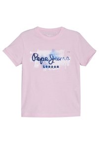 Camiseta de algodón rosa con la inscripción "Pepe Jeans LONDON" en letra azul estilo acuarela. Manga corta y escote redondo.