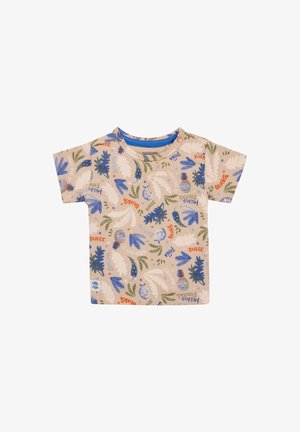 Korte mouwen beige t-shirt met een kleurrijke botanische print. Kenmerken zijn blauwe accenten en een drukknoopsluiting op de schouder.