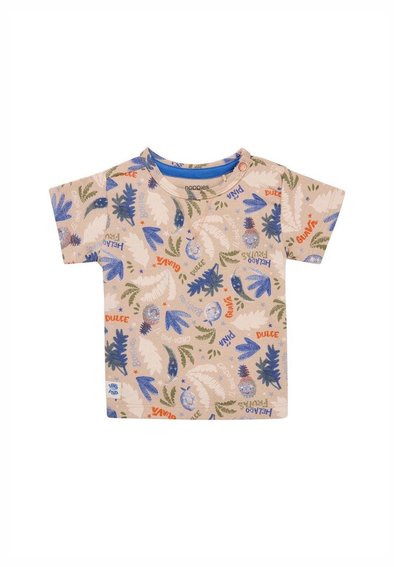 Beige T-Shirt mit kurzen Ärmeln und buntem botanischem Print. Details umfassen blaue Akzente und einen Druckverschluss an der Schulter.