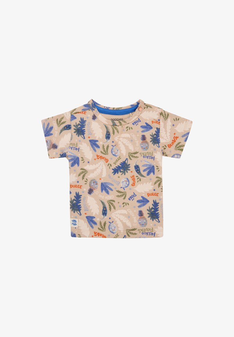 Beige T-Shirt mit kurzen Ärmeln und buntem botanischem Print. Details umfassen blaue Akzente und einen Druckverschluss an der Schulter.