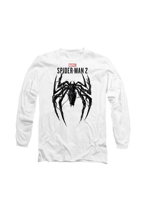 White long-sleeve shirt with black detailed spider graphic and text "Marvel Spider-Man 2" above the spider on the front.