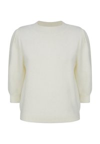 Krämfärgad stickad tröja med rund halsringning, puffad halvärmar och ribbade ärmslut och fåll. Mjuk textur med en mysig framtoning.