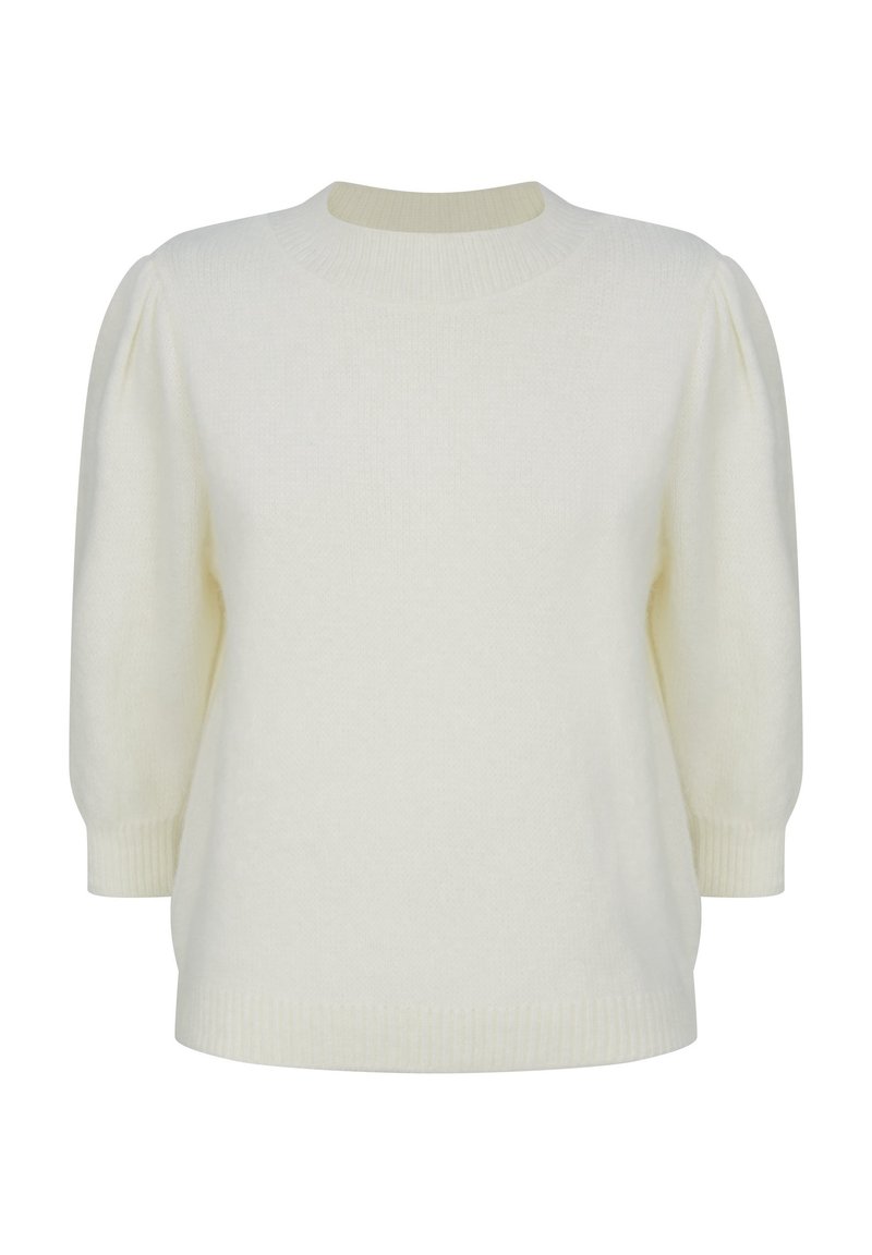 Krämfärgad stickad tröja med rund halsringning, puffad halvärmar och ribbade ärmslut och fåll. Mjuk textur med en mysig framtoning.