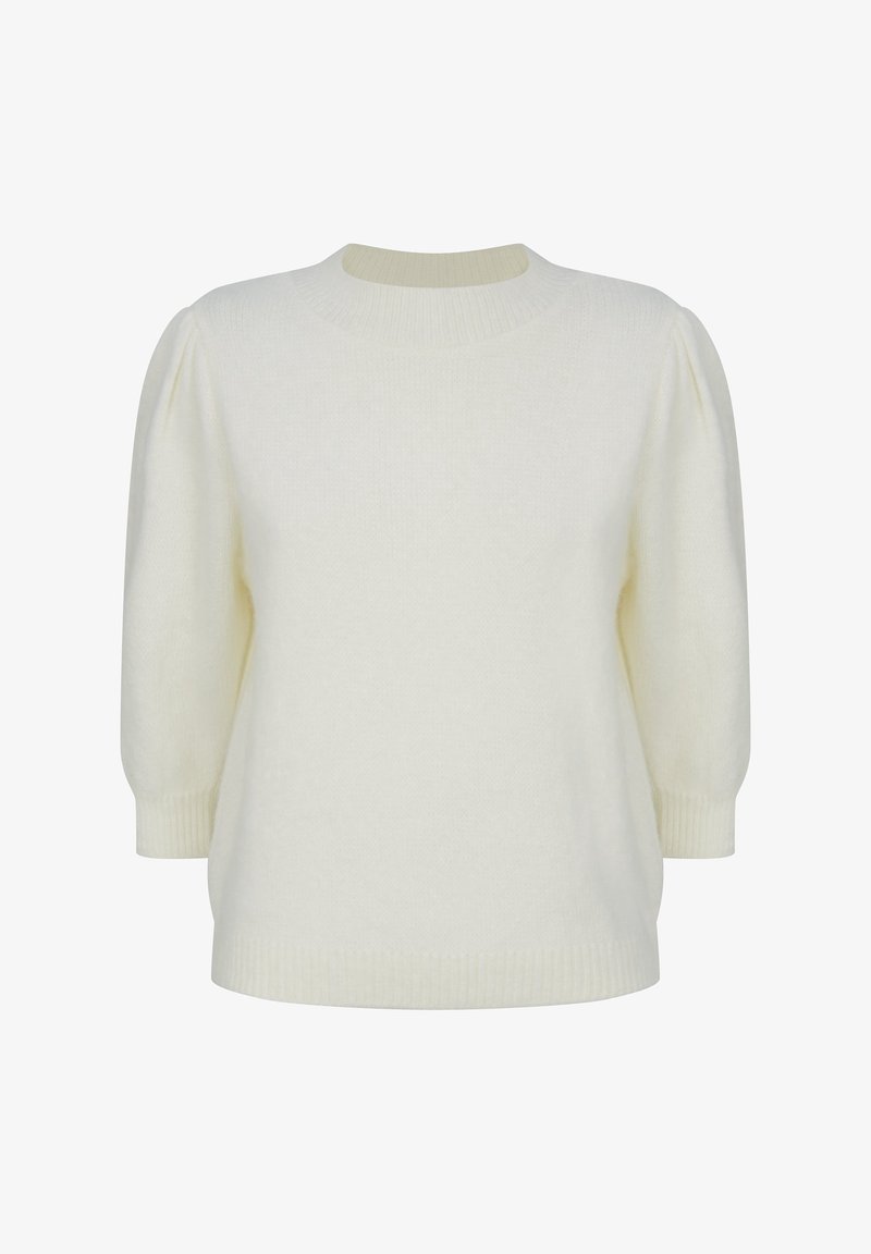 Krämfärgad stickad tröja med rund halsringning, puffad halvärmar och ribbade ärmslut och fåll. Mjuk textur med en mysig framtoning.