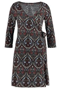 Robe portefeuille manches longues avec ceinture nouée à la taille, présentant un motif cachemire multicolore en nuances de noir, rouge, bleu et beige.