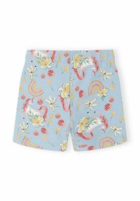 Shorts bleu clair avec des imprimés colorés de licornes, arcs-en-ciel, fleurs, coccinelles et libellules.