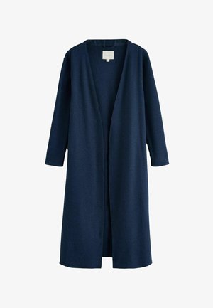 Langer marineblauer Wollmantel mit offenem Vorderteil, langen Ärmeln und geradem, lockerem Schnitt.