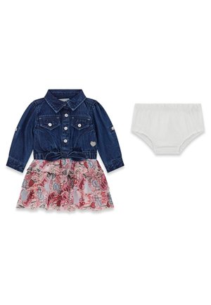 Robe veste en denim à manches longues avec jupe rose à motifs et couvre-couche blanc élastique pour bébé fille.