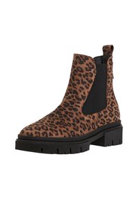Bottines à imprimé léopard en faux suède marron et noir, avec des panneaux latéraux élastiques, une languette de tirage et une semelle en caoutchouc noire épaisse.