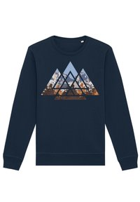 Námořnická mikina s geometrickým designem hor v modré a přírodních odstínech, vyrobená z jemné tkaniny se žebrovanými manžetami a spodním lemem.