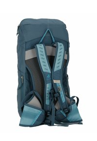 Sac à dos de randonnée bleu avec un dos en mesh rembourré, des bretelles réglables, plusieurs poches et des zippers pour un accès facile et une bonne ventilation.
