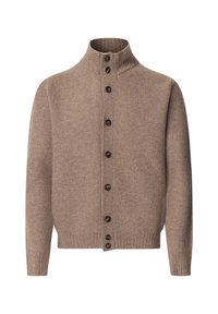 Pletený sveter v teplej béžovej farbe. Má vysoký golier, sedem tmavých gombíkov a textúrovaný vzor po celej látke.