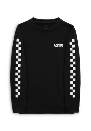 Chemise noire à manches longues avec col rond, rayures à damier blanches sur les deux manches et logo Vans blanc sur la poitrine gauche.