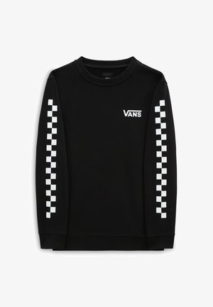 Sort langærmet rundhalset skjorte med hvide ternede striber ned langs begge ærmer og hvid Vans-logo på venstre bryst.