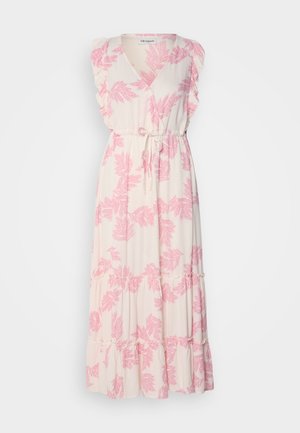 Gara kleita gaiši krēmkrāsas ar rozā lapu zīmējumiem. Iezīmē v veida kakla izgriezumu, ziedu piedurknes un jostiņu vidukļa daļā. Izplestos svārki ar vairākiem līmeņiem apakšmalā.