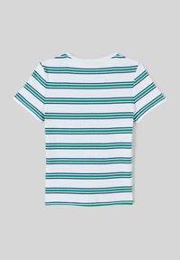 Chemise à manches courtes présentant des rayures horizontales en bleu et vert sur fond blanc, avec un col rond et une texture côtelée.