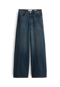 Wide-leg jeans in dark blue denim with contrasting stitching, five-pocket design, front button closure, and subtle fading on the thighs.